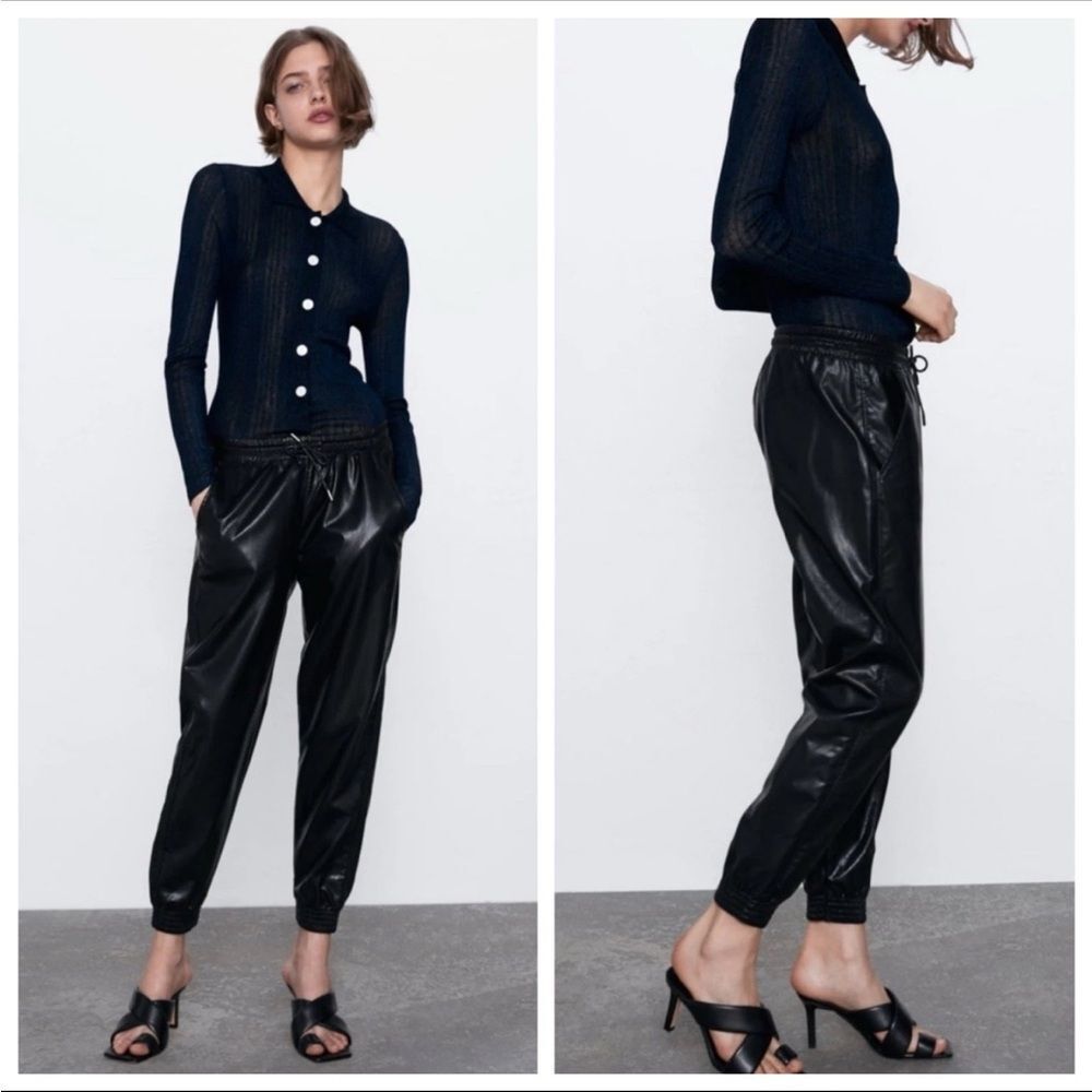 Zara Black Faux Leather Joggers Pants Womens Size Small Scrunch Waist Pull On